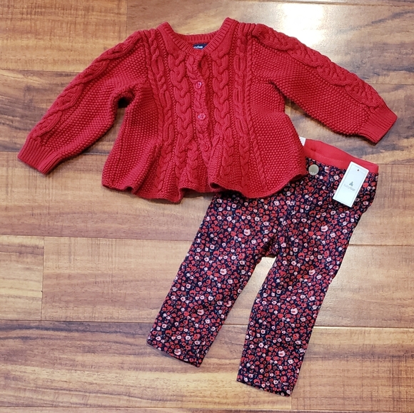 GAP Other - GAP Baby NWT/EUC 12-18 months red peplum sweater and navy/red floral jeans